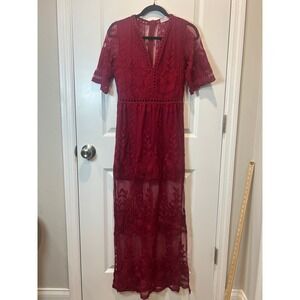 ETER Burgundy Lace V Neck Maxi Dress Short Sleeve Formal Evening Occasion Size S